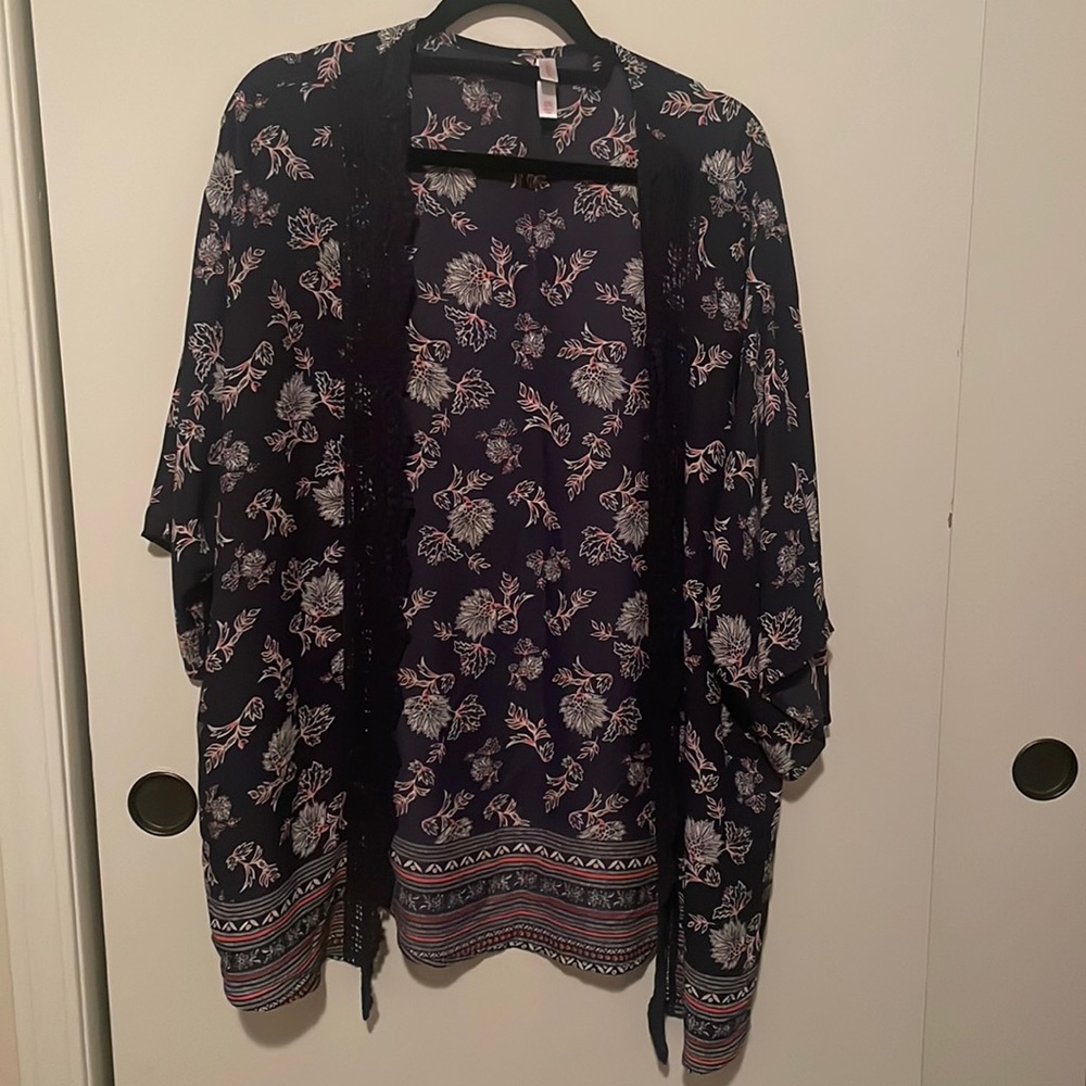 Xhilararion: Navy Blue Floral Kimono/Cover Up with Lace/Knit Fringe
